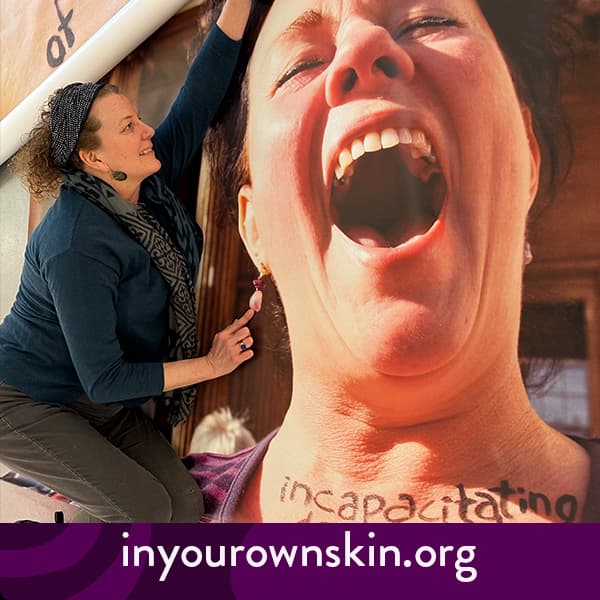 Hanging larger than life banners available to hire as part of the In Your Own Skin project